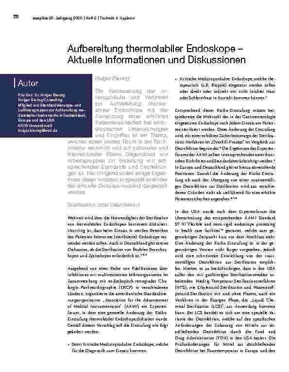 Vorschauseite 1: Aufbereitung thermolabiler Endoskope – Aktuelle Informationen und Diskussionen