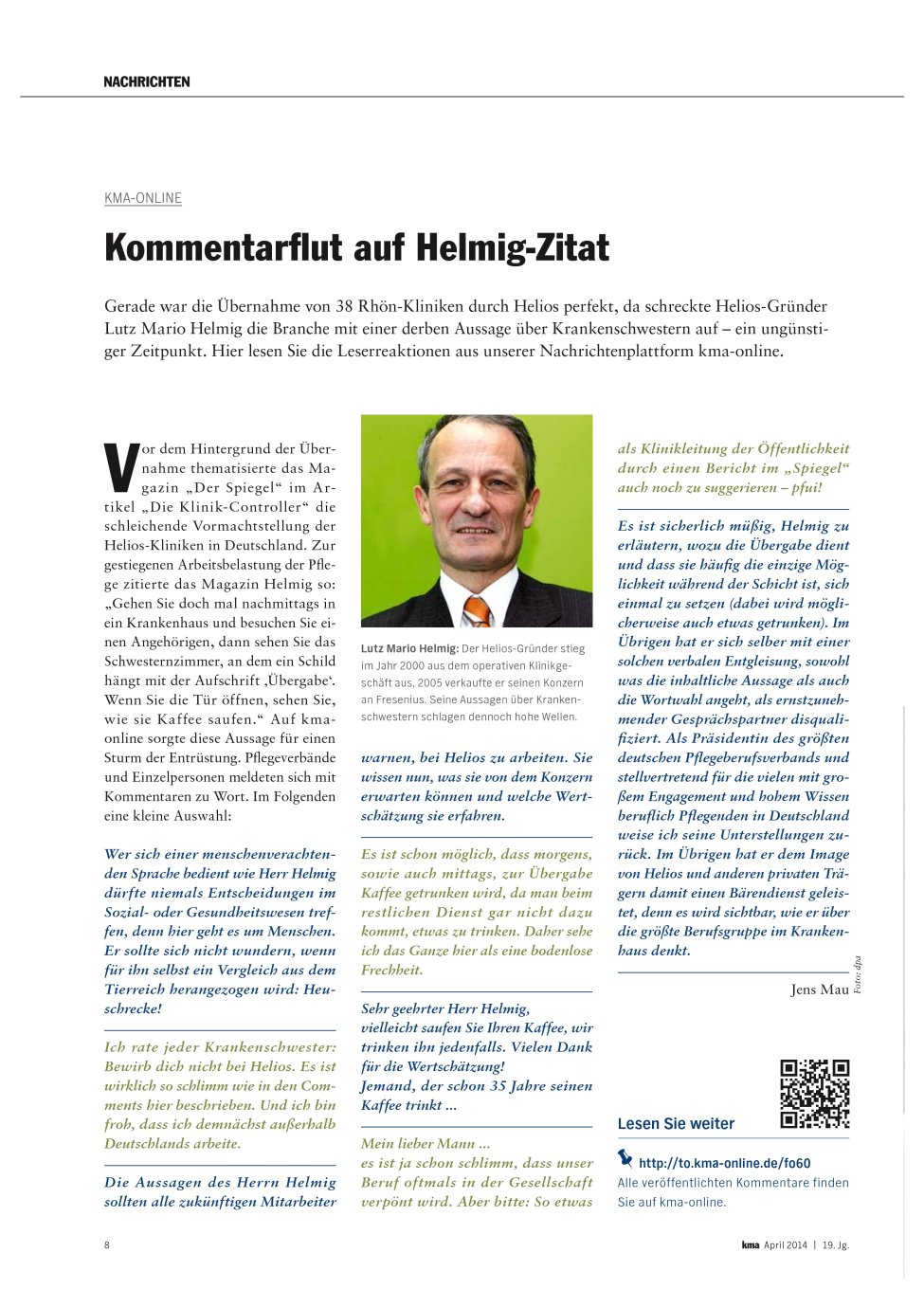 Vorschauseite 1: Kommentarflut auf Helmig-Zitat