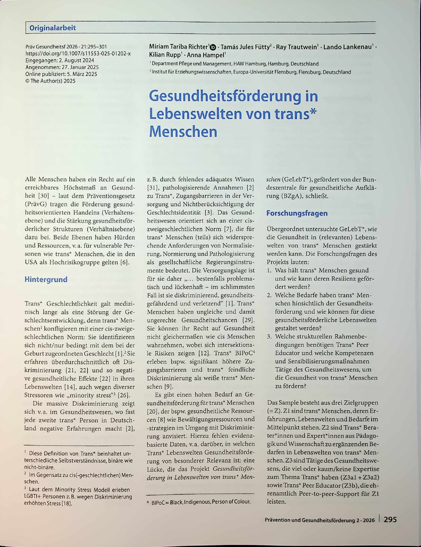 Vorschauseite 1: Gesundheitsförderung in Lebenswelten von trans* Menschen