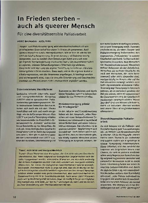 Vorschauseite 1: In Frieden sterben - auch als queerer Mensch. Für eine diversitätssensible Palliativarbeit.
