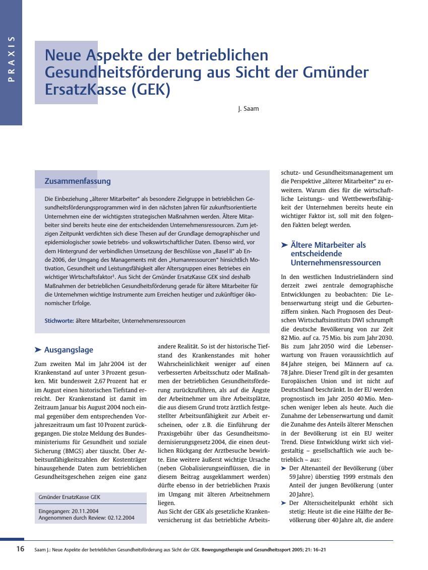 Vorschauseite 1: Neue Aspekte der betrieblichen Gesundheitsförderung aus Sicht der Gmünder ErsatzKasse (GEK)