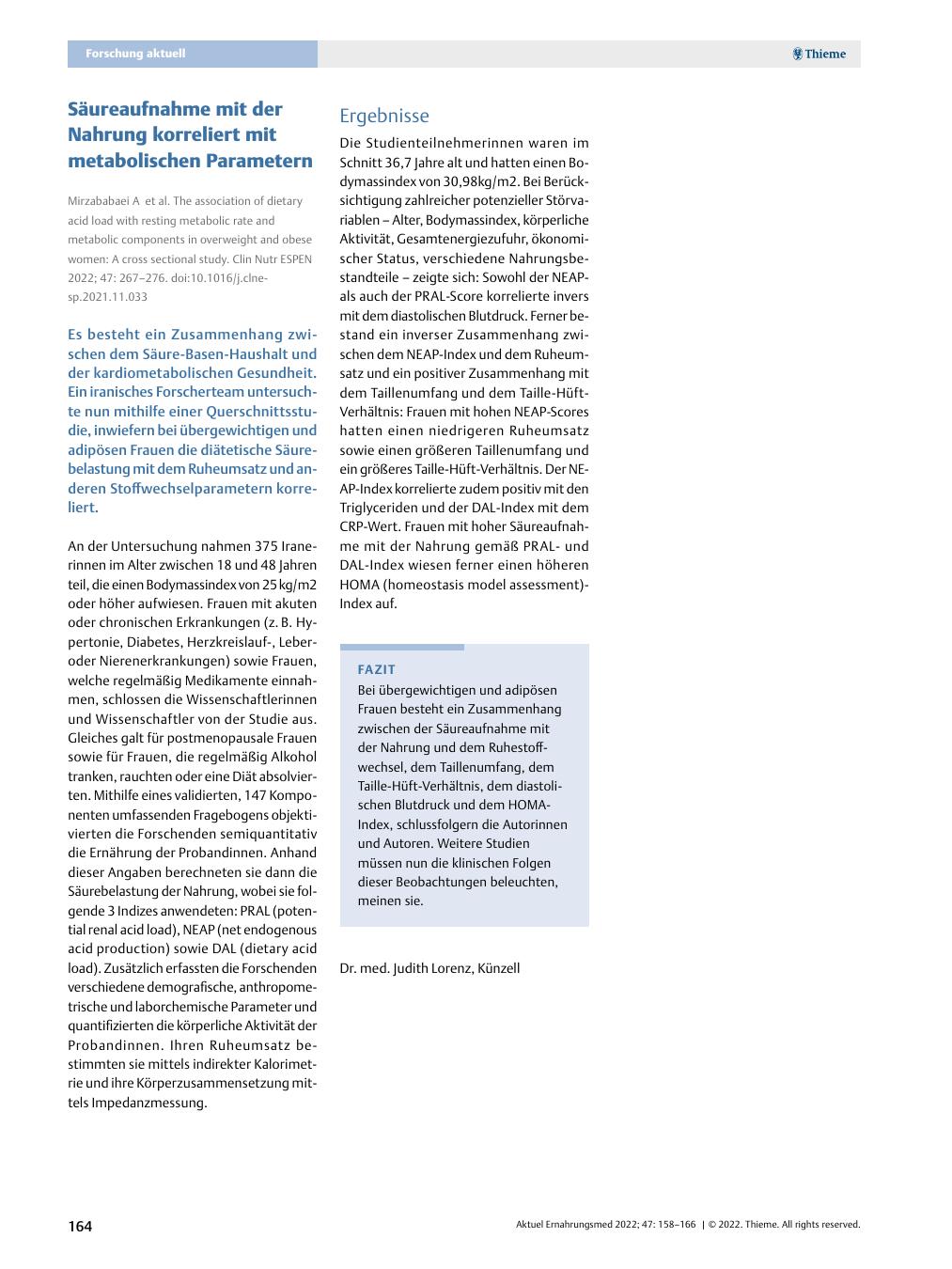 Vorschauseite 1: Säureaufnahme mit der Nahrung korreliert mit metabolischen Parametern.