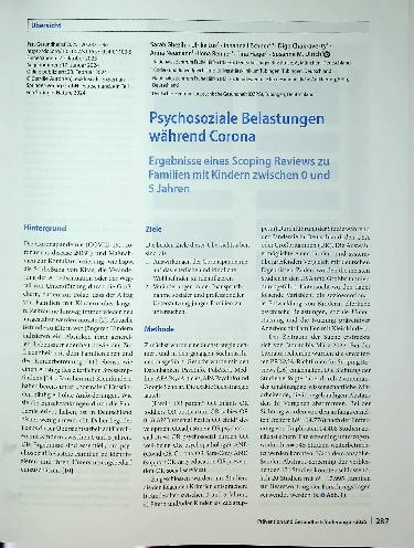 Vorschauseite 1: Psychosoziale Belastungen während Corona Ergebnisse eines Scoping Reviews zu Familien mit Kindern zwischen 0 und 5 Jahren