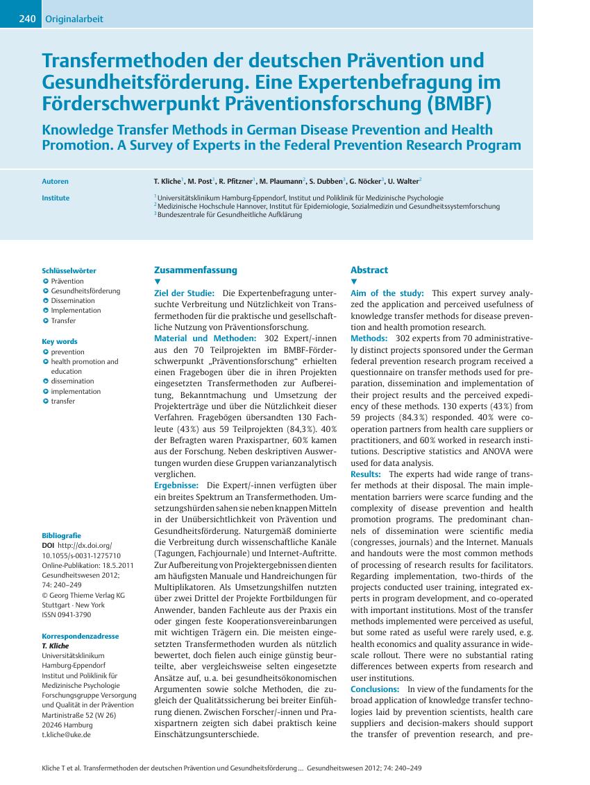 Vorschauseite 1: Transfermethoden der deutschen Prävention und Gesundheitsförderung. Eine Expertenbefragung im Förderschwerpunkt Präventionsforschung (BMBF)