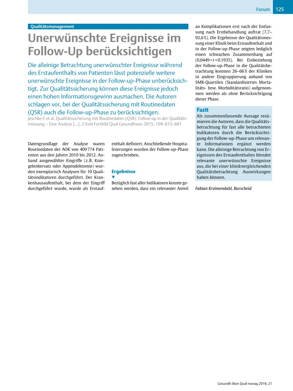 Vorschauseite 1: Qualitätsmanagement ? Unerwünschte Ereignisse im Follow-Up berücksichtigen