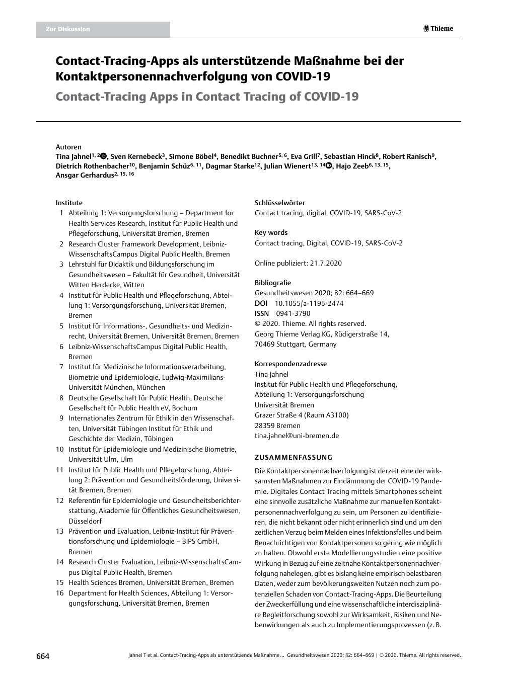 Vorschauseite 1: Contact-Tracing-Apps als unterstützende Maßnahme bei der Kontaktpersonennachverfolgung von COVID-19