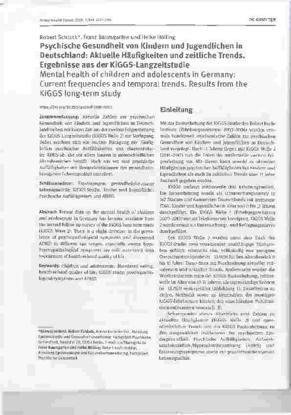 Vorschauseite 1: Psychische Gesundheit von Kindern und Jugendlichen in Deutschland: Aktuelle Häufigkeiten und zeitliche Trends. Ergebnisse aus der KiGGS-Langzeitstudie