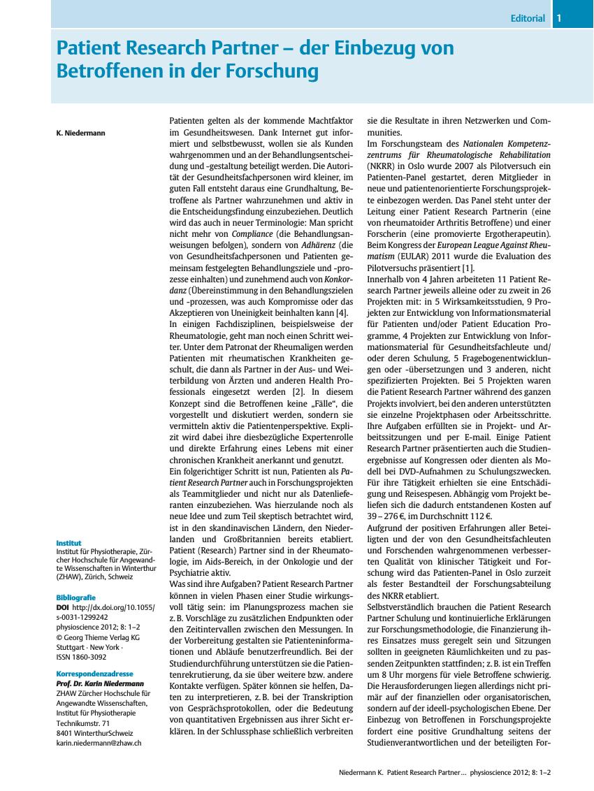 Vorschauseite 1: Patient Research Partner – der Einbezug von Betroffenen in der Forschung
