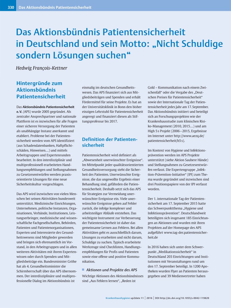 Vorschauseite 1: Das Aktionsbündnis Patientensicherheit in Deutschland und sein Motto: „Nicht Schuldige sondern Lösungen suchen“