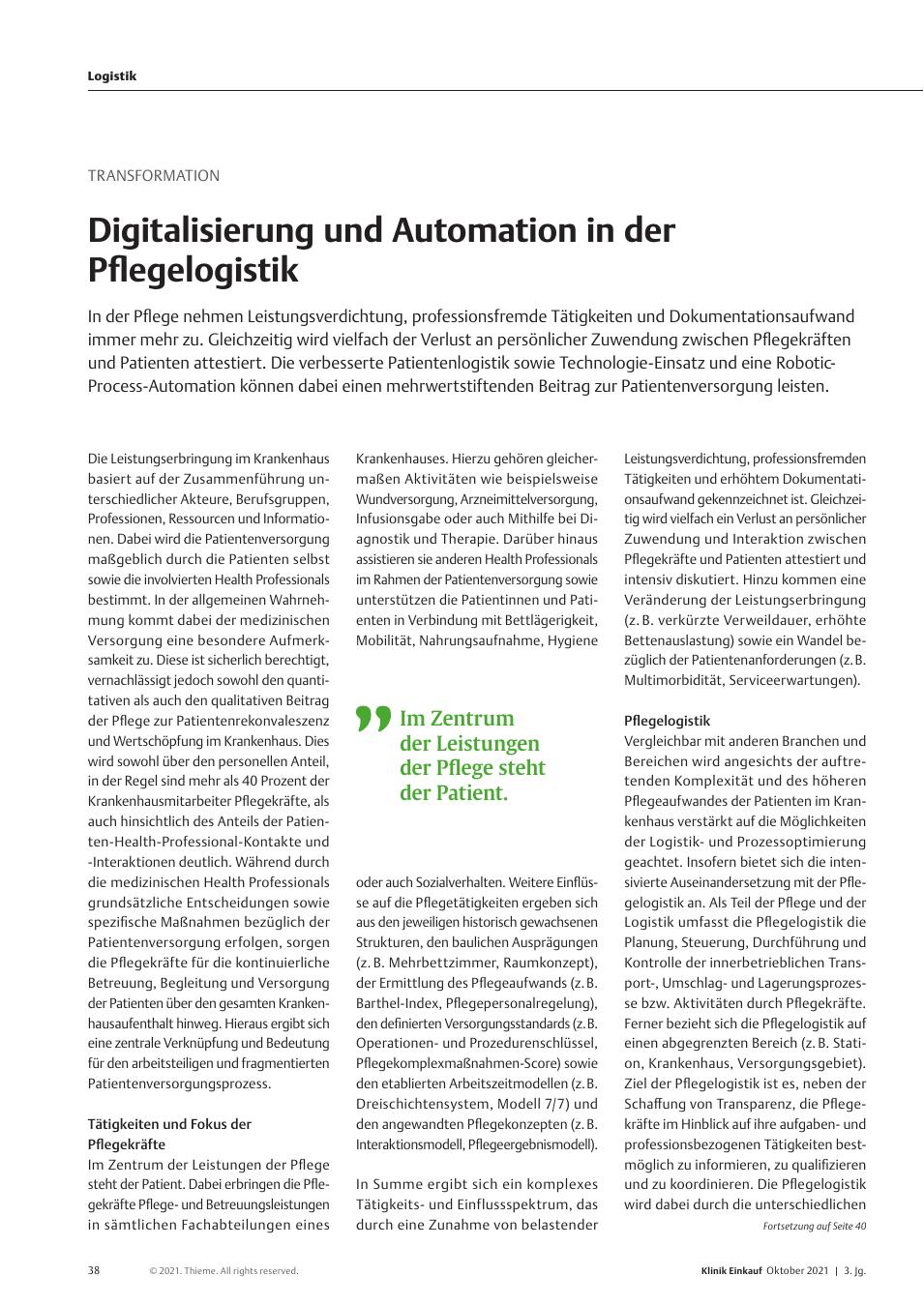 Vorschauseite 1: Transformation: Digitalisierung und Automatisierung in der Pflegelogistik