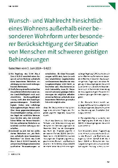 Vorschauseite 1: Wunsch und Wahlrecht hinsichtlich eines Wohnens außerhalb einer besonderen Wohnform unter besonderer Berücksichtigung der Situation von Menschen mit schweren geistigen Behinderung…
