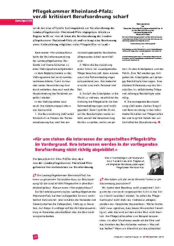 Vorschauseite 1: »Für uns stehen die Interessen der angestellten Pflegekräfte im Vordergrund. Ihre Interessen werden in der vorliegenden Berufsordnung nicht richtig abgebildet.«