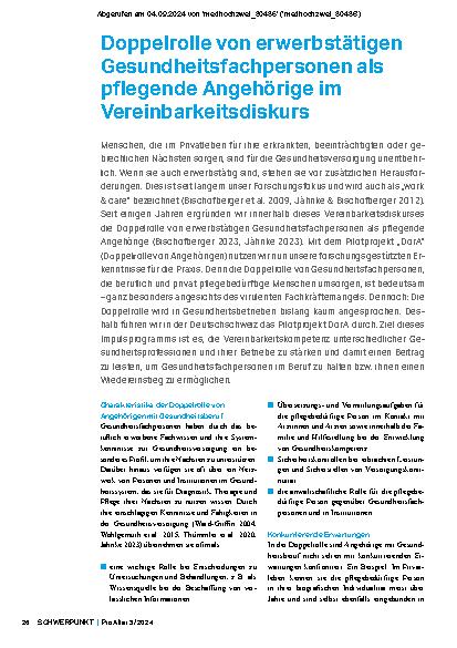 Vorschauseite 1: Doppelrolle von erwerbstätigen Gesundheitsfachpersonen als pflegende Angehörige im Vereinbarkeitsdiskurs