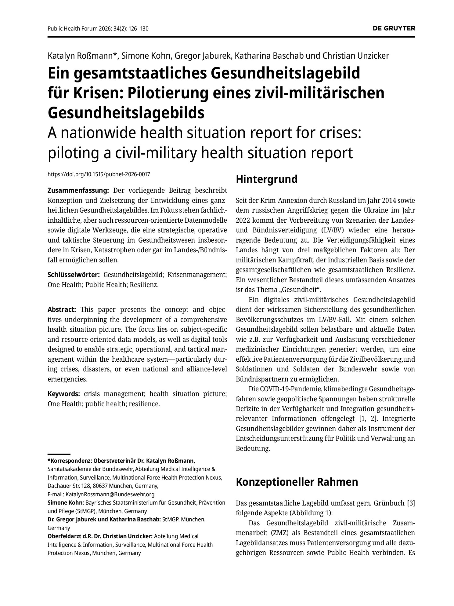 Vorschauseite 1: Ein gesamtstaatliches Gesundheitslagebild für Krisen: Pilotierung eines zivil-militärischen Gesundheitslagebilds