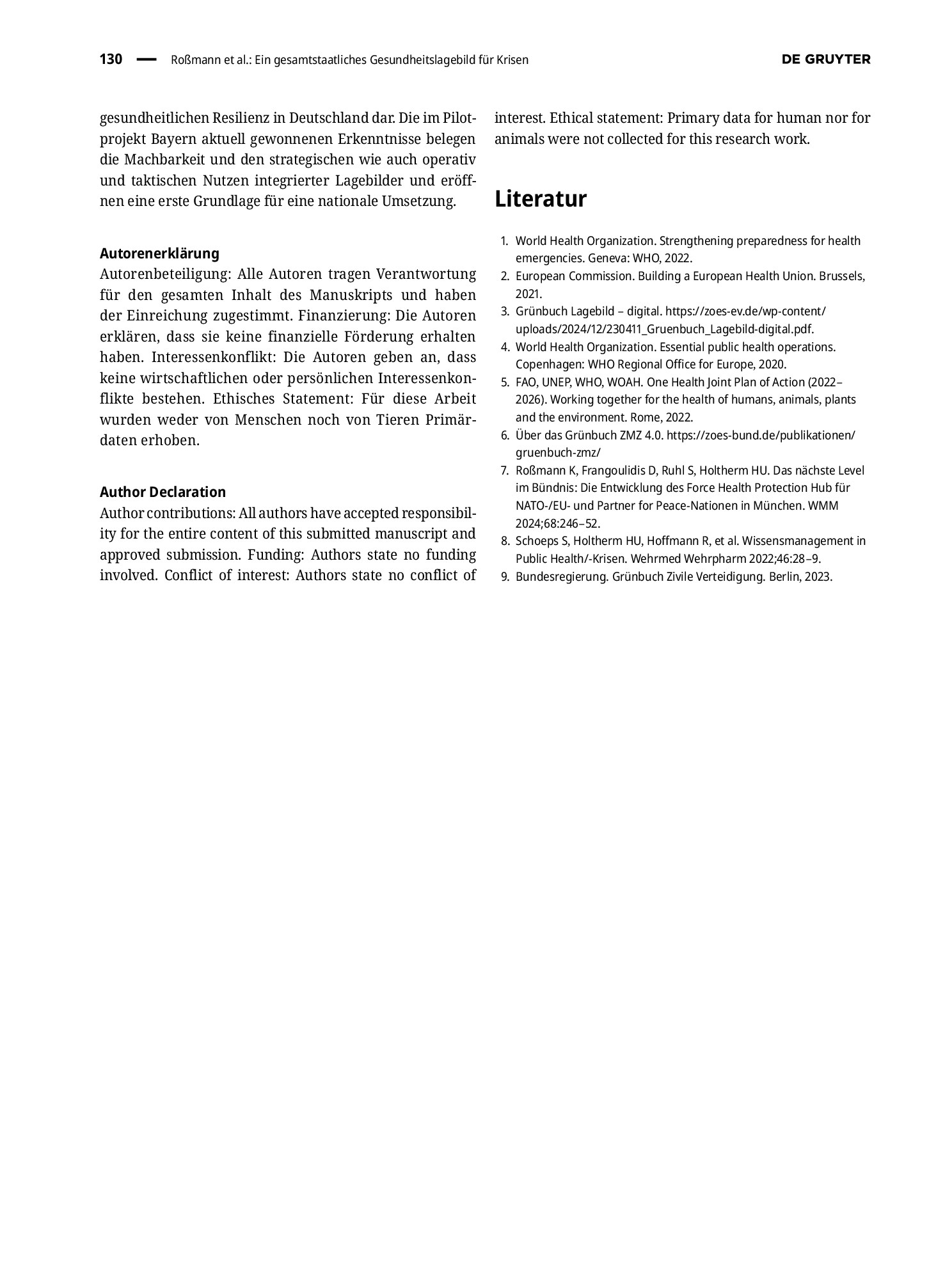 Vorschauseite 5: Ein gesamtstaatliches Gesundheitslagebild für Krisen: Pilotierung eines zivil-militärischen Gesundheitslagebilds