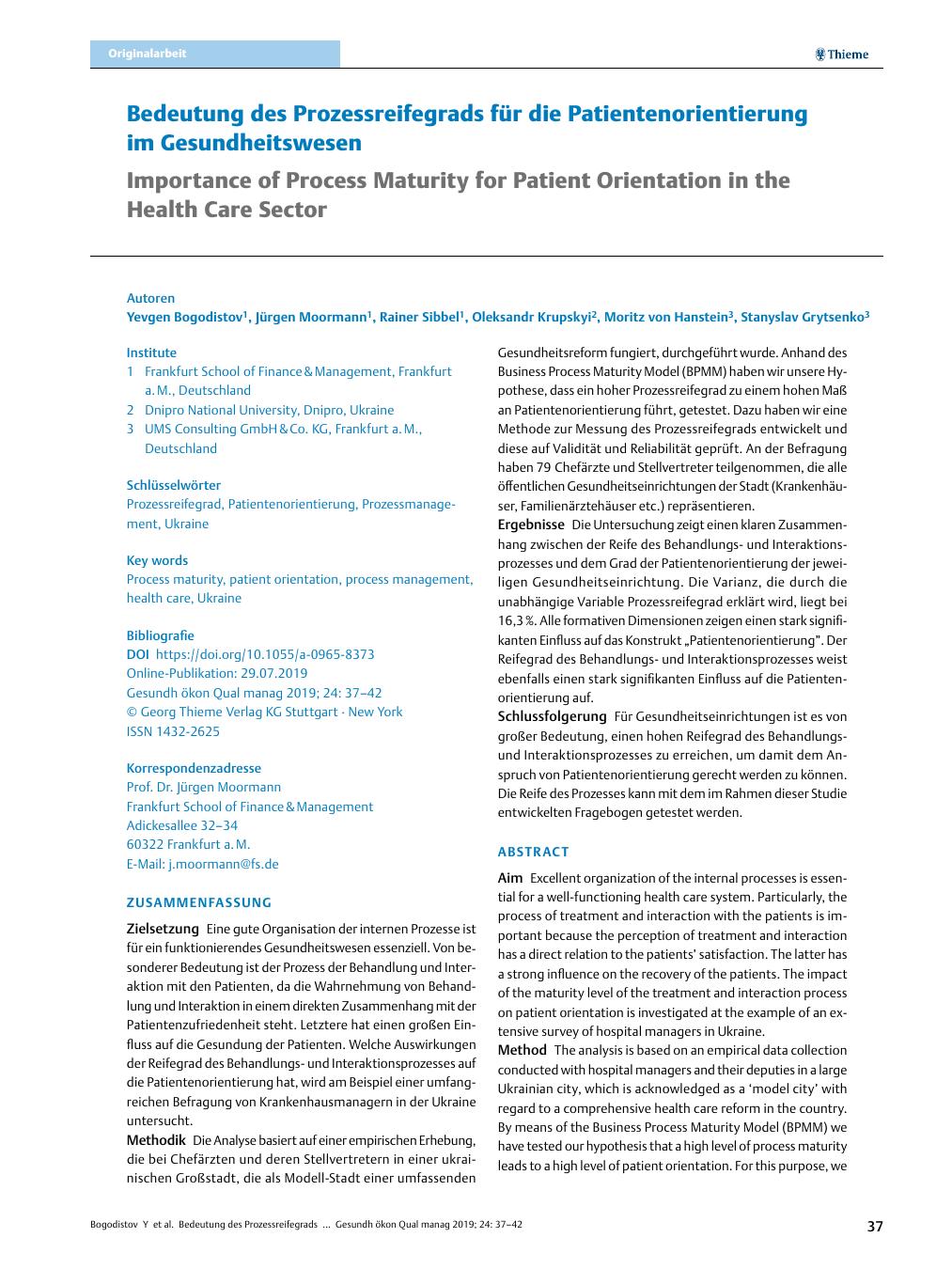 Vorschauseite 1: ﻿Bedeutung des Prozessreifegrads für die Patientenorientierung im Gesundheitswesen