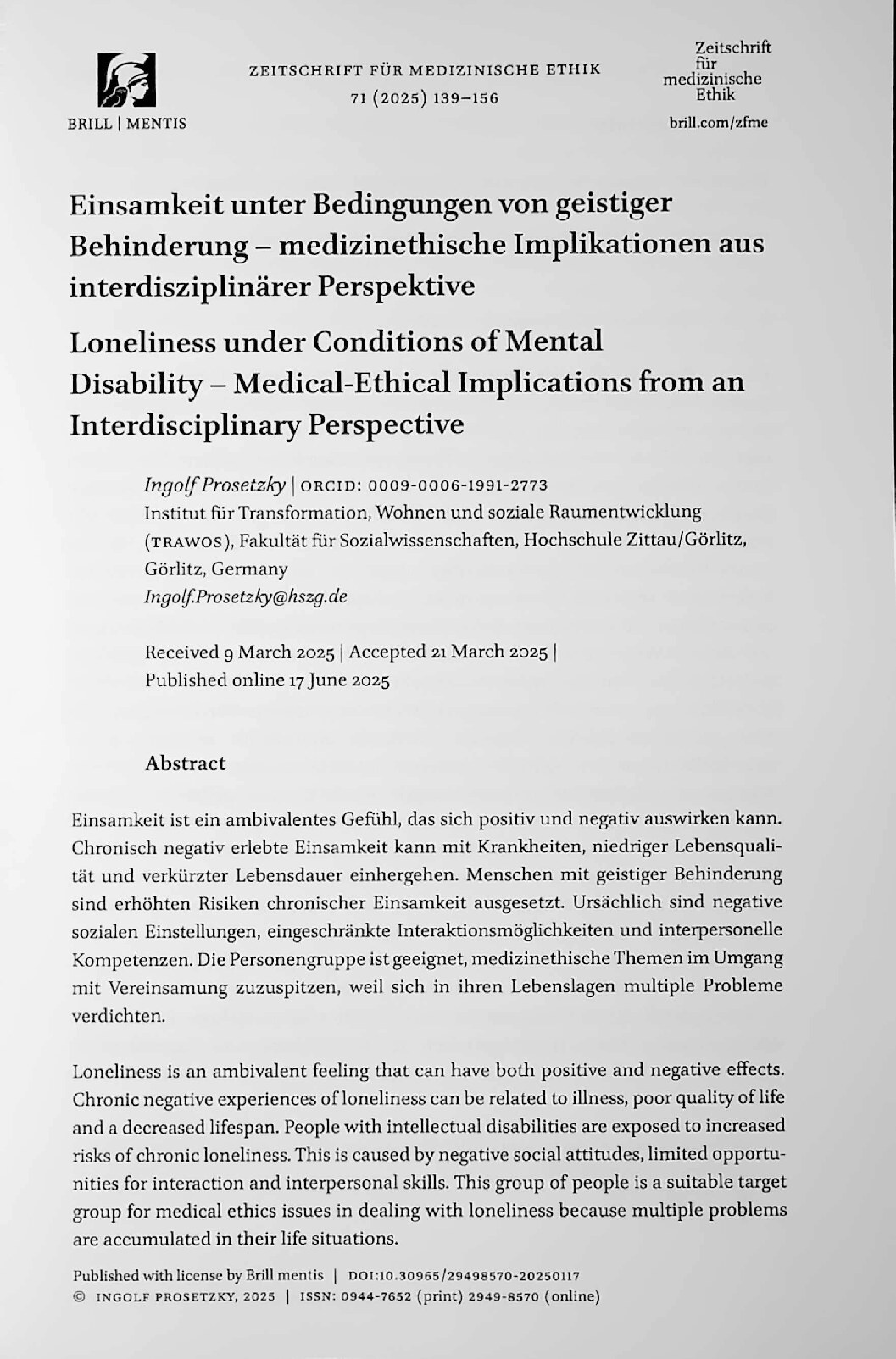 Vorschauseite 1: Einsamkeit unter Bedingungen von geistiger Behinderung – medizinethische Implikationen aus interdisziplinärer Perspektive