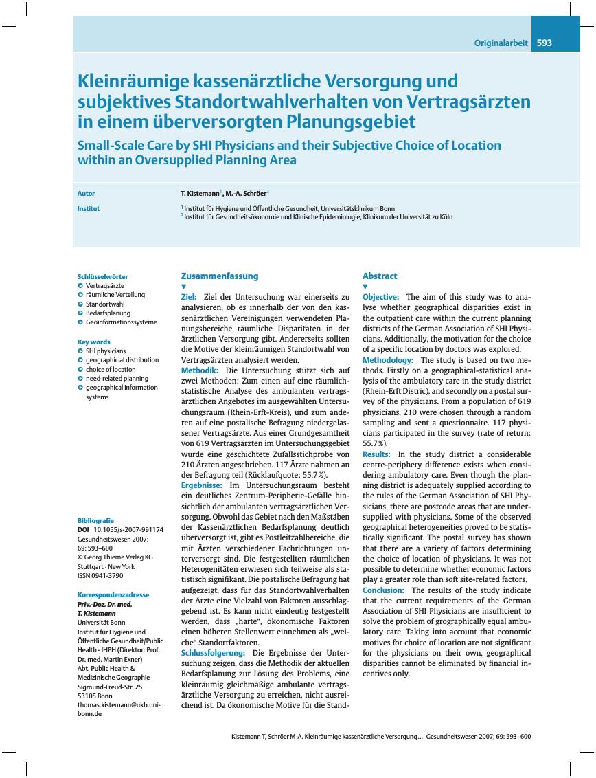 Vorschauseite 1: Kleinräumige kassenärztliche Versorgung und subjektives Standortwahlverhalten von Vertragsärzten in einem überversorgten Planungsgebiet