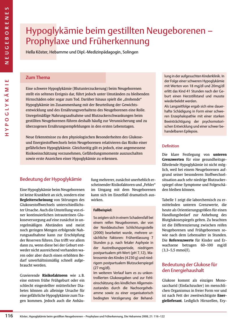 Vorschauseite 1: Hypoglykämie beim gestillten Neugeborenen - Prophylaxe und Früherkennung