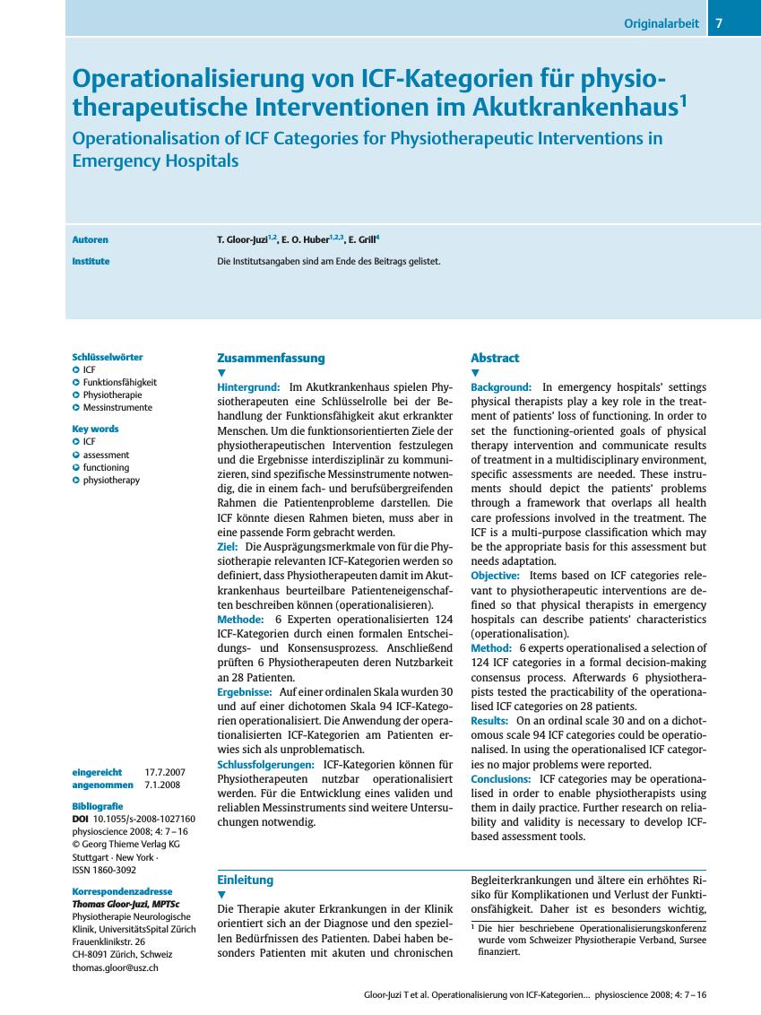 Vorschauseite 1: Operationalisierung von ICF-Kategorien für physiotherapeutische Interventionen im Akutkrankenhaus