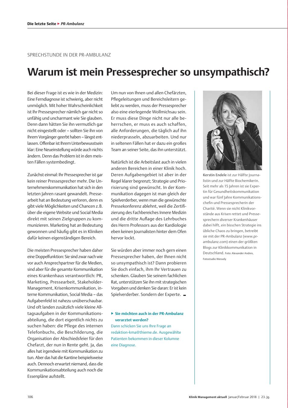 Vorschauseite 1: Sprechstunde in der PR-Ambulanz: Warum ist mein Pressesprecher so unsympathisch?
