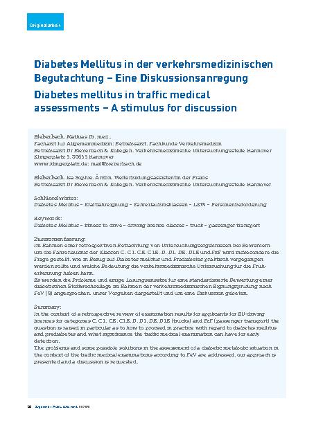 Vorschauseite 1: Diabetes Mellitus in der verkehrsmedizinischen Begutachtung – Eine Diskussionsanregung