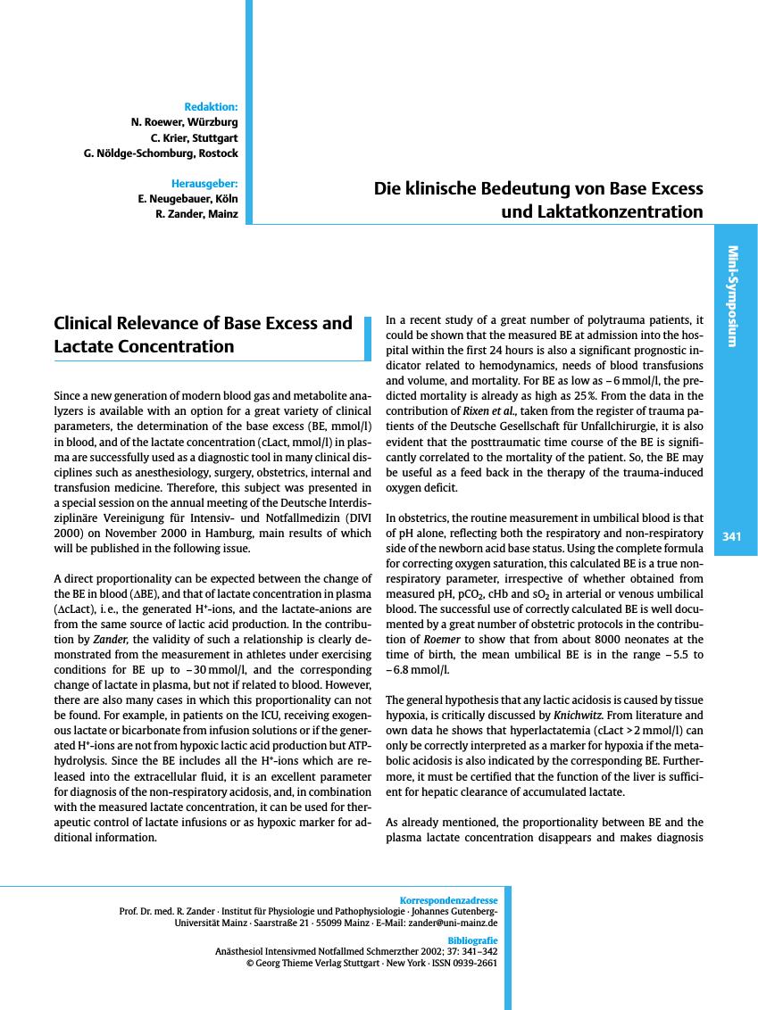Vorschauseite 1: Clinical Relevance of Base Excess and Lactate Concentration