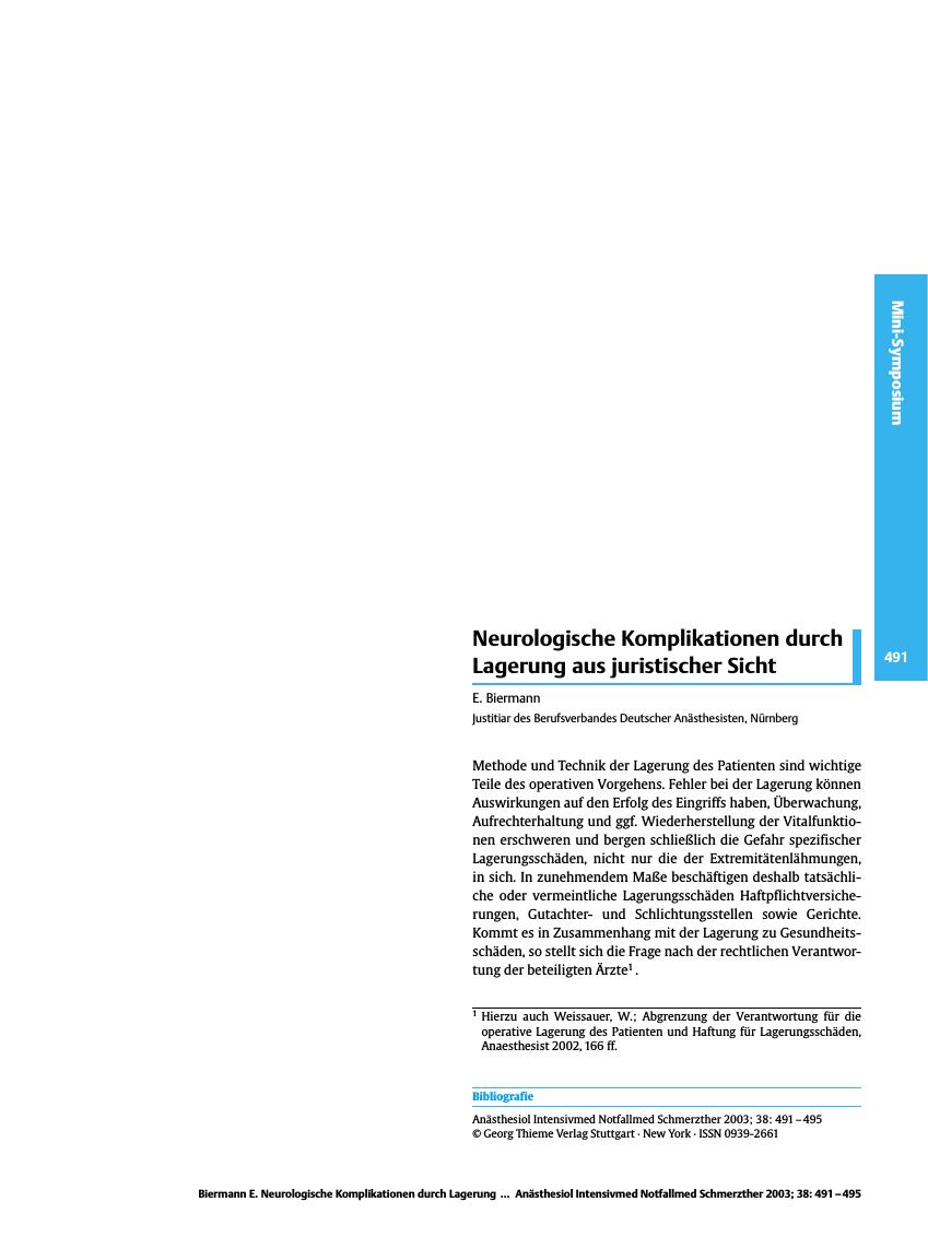 Vorschauseite 1: Neurologische Komplikationen durch Lagerung aus juristischer Sicht
