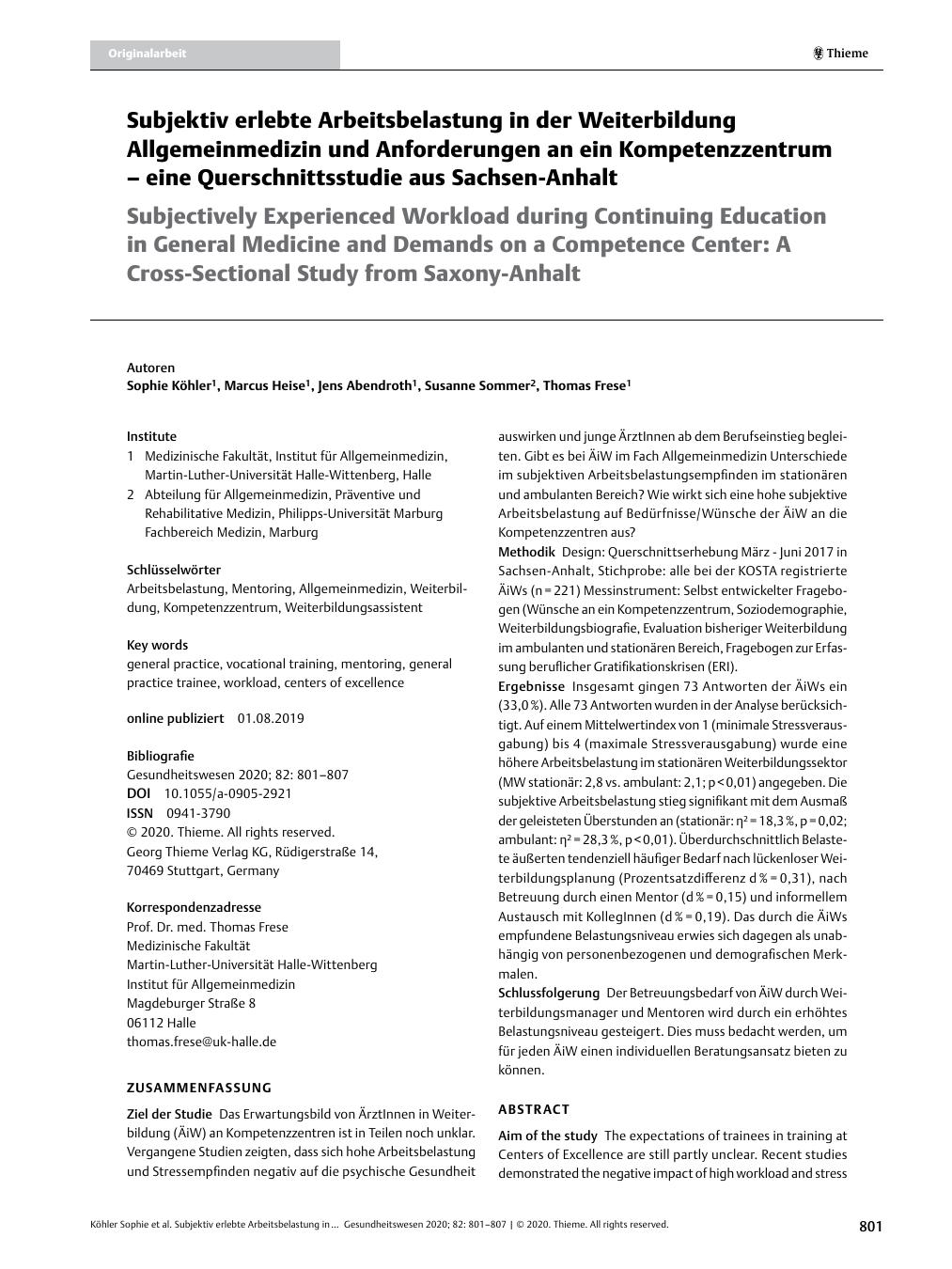 Vorschauseite 1: Subjektiv erlebte Arbeitsbelastung in der Weiterbildung Allgemeinmedizin und Anforderungen an ein Kompetenzzentrum – eine Querschnittsstudie aus Sachsen-Anhalt