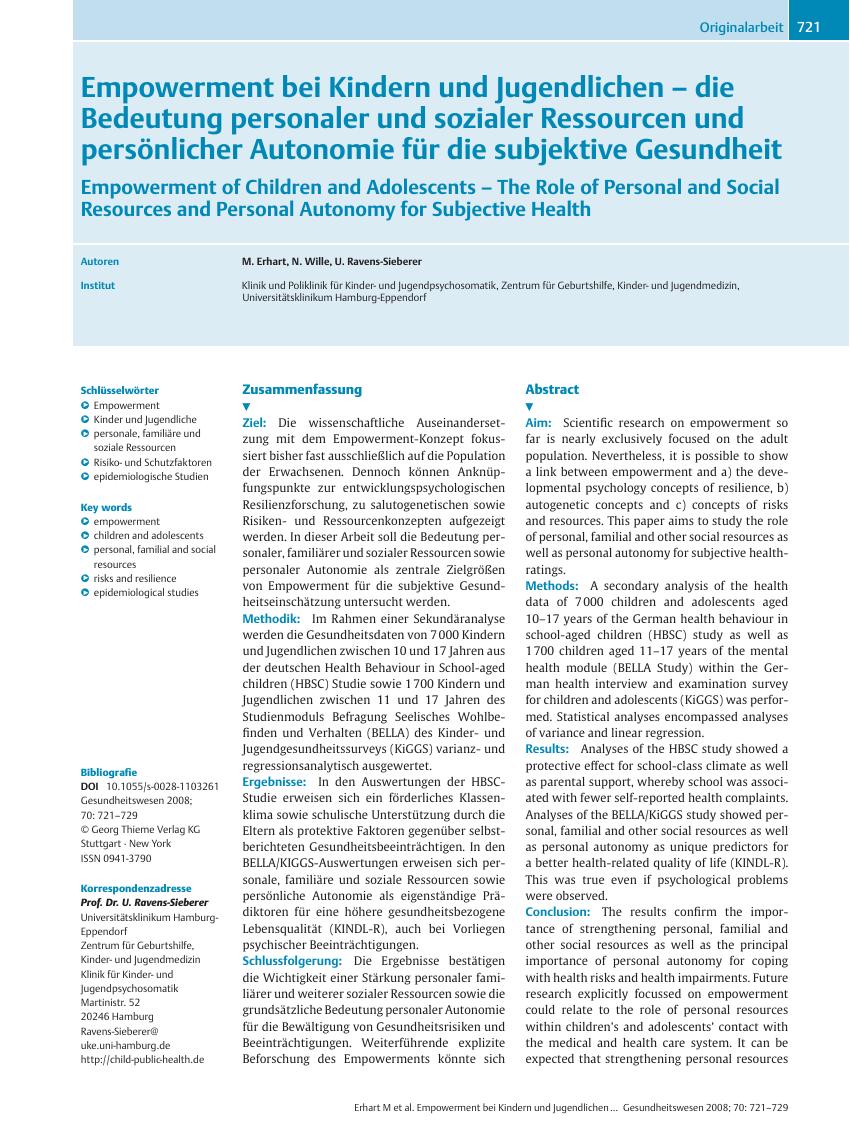Vorschauseite 1: Empowerment bei Kindern und Jugendlichen – die Bedeutung personaler und sozialer Ressourcen und persönlicher Autonomie für die subjektive Gesundheit