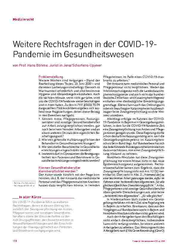 Vorschauseite 1: Weitere Rechtsfragen in der COVID-19-Pandemie im Gesundheitswesen