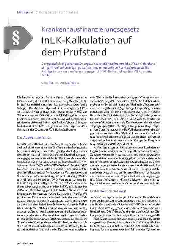 Vorschauseite 1: Krankenhausfinanzierungsgesetz InEK-Kalkulation auf dem Prüfstand