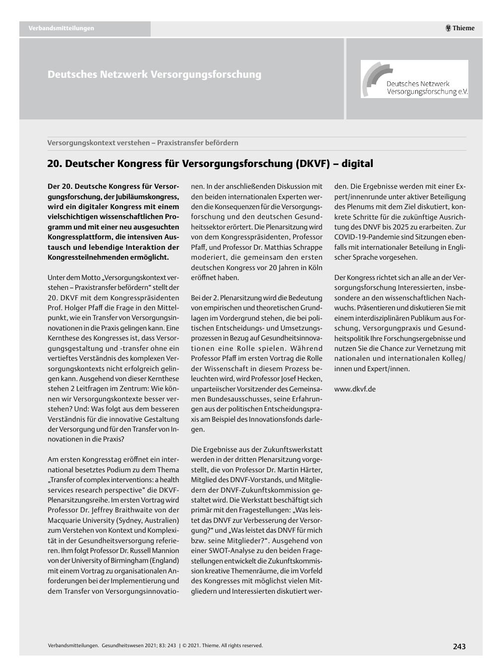 Vorschauseite 1: 20. Deutscher Kongress für Versorgungsforschung (DKVF) – digital
