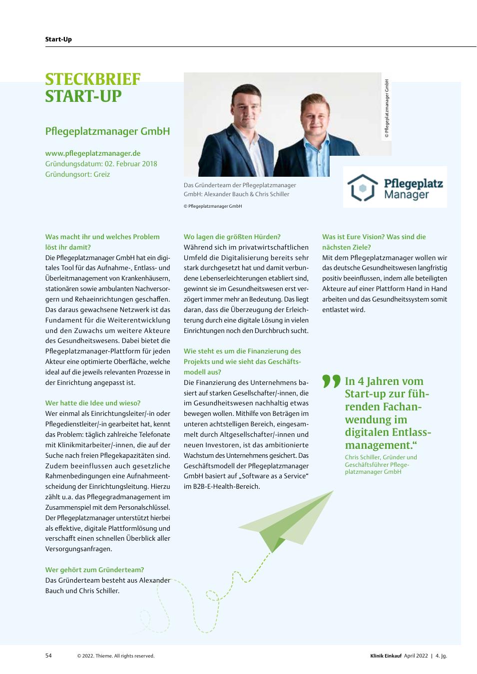 Vorschauseite 1: Steckbrief Start-Up: Pflegeplatzmanager GmbH