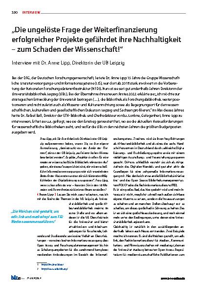 Vorschauseite 1: „Die ungelöste Frage der Weiterfinanzierung erfolgreicher Projekte gefährdet ihre Nachhaltigkeit – zum Schaden der Wissenschaft! “