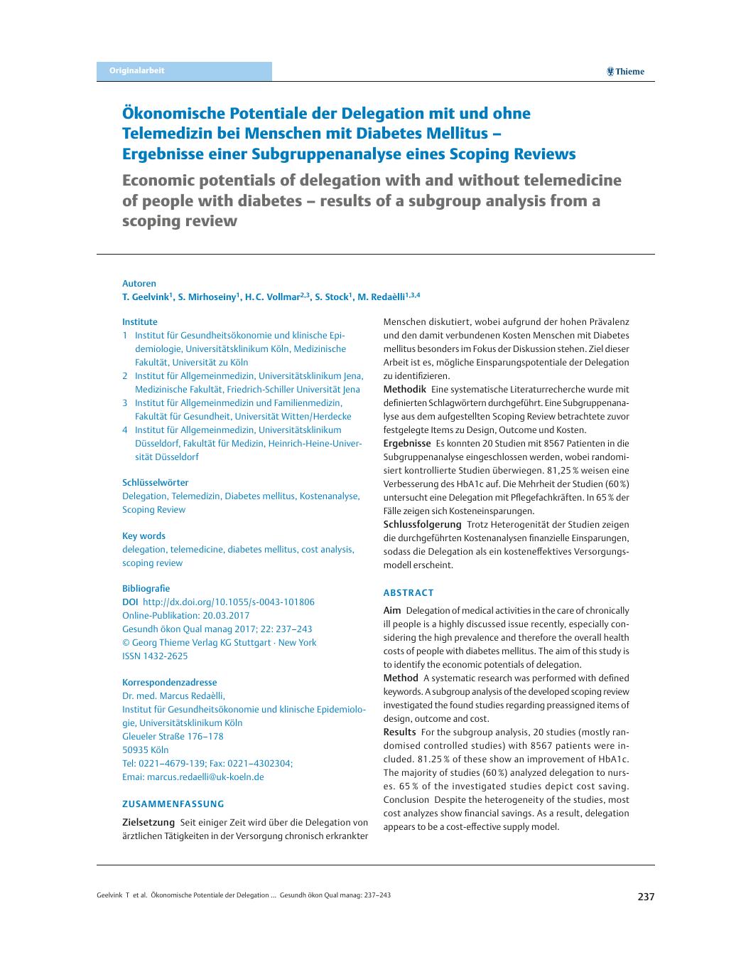 Vorschauseite 1: Ökonomische Potentiale der Delegation mit und ohne Telemedizin bei Menschen mit Diabetes Mellitus – Ergebnisse einer Subgruppenanalyse eines Scoping Reviews