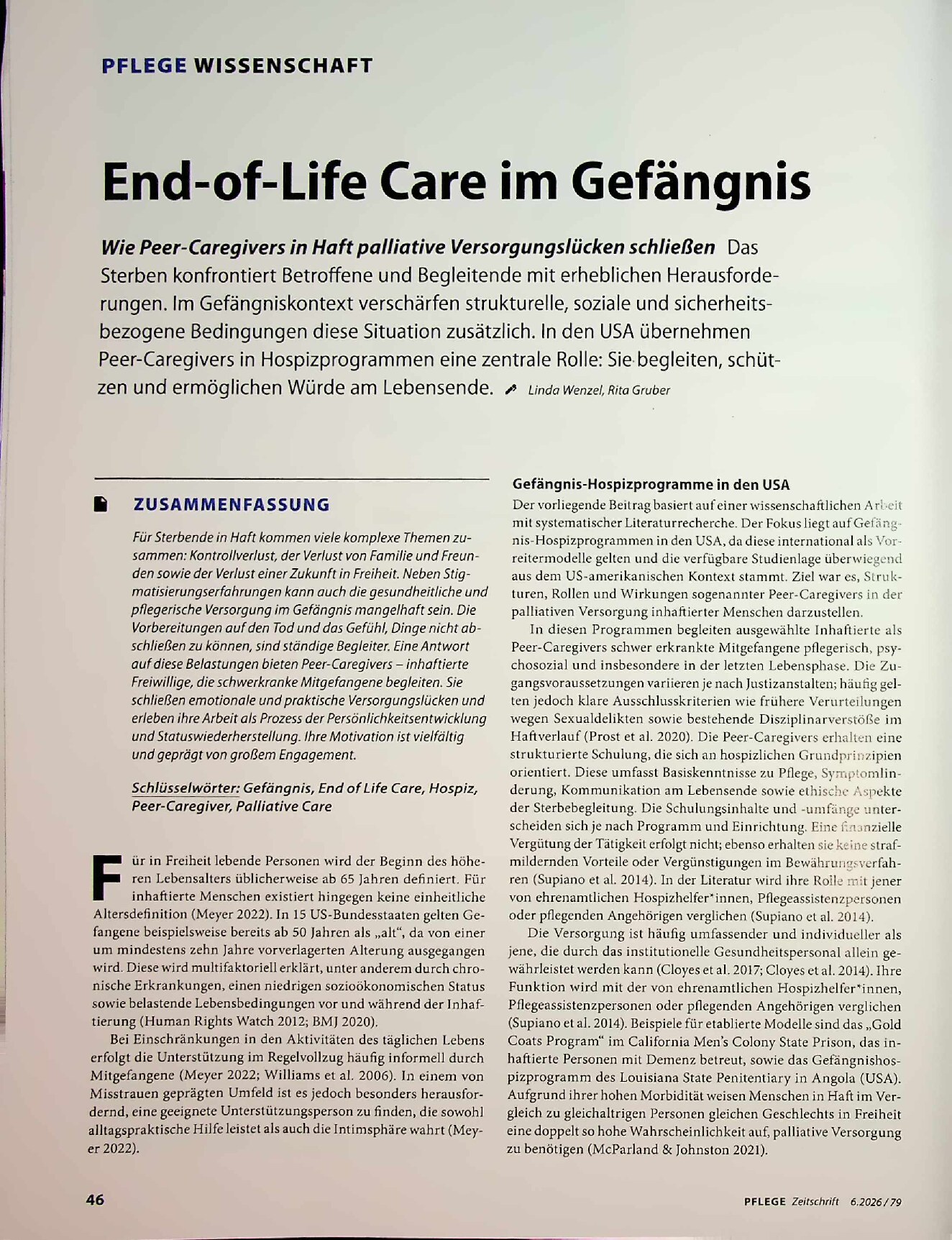 Vorschauseite 1: End-of-Life Care im Gefängnis: Wie Peer-Caregivers in Haft palliative Versorgungslücken schließen