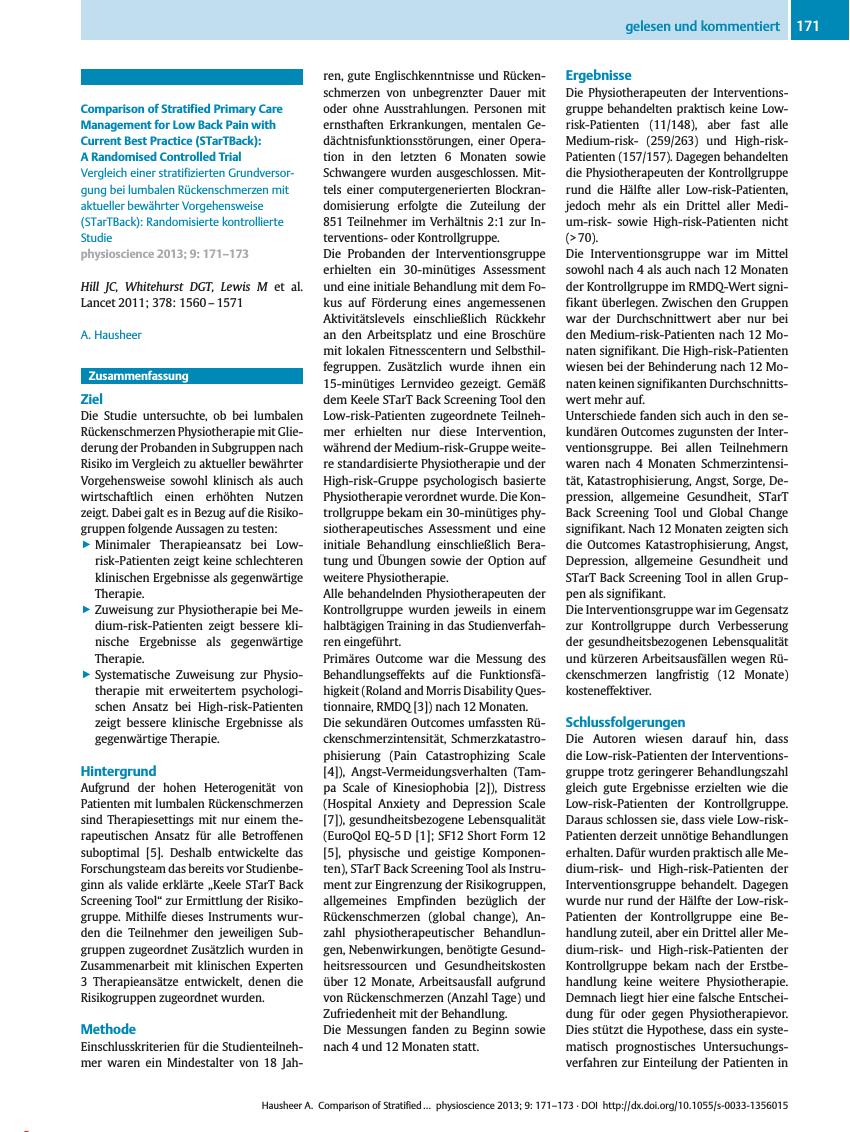 Vorschauseite 1: Comparison of Stratified Primary Care Management for Low Back Pain with Current Best Practice (STarTBack): A Randomised Controlled Trial