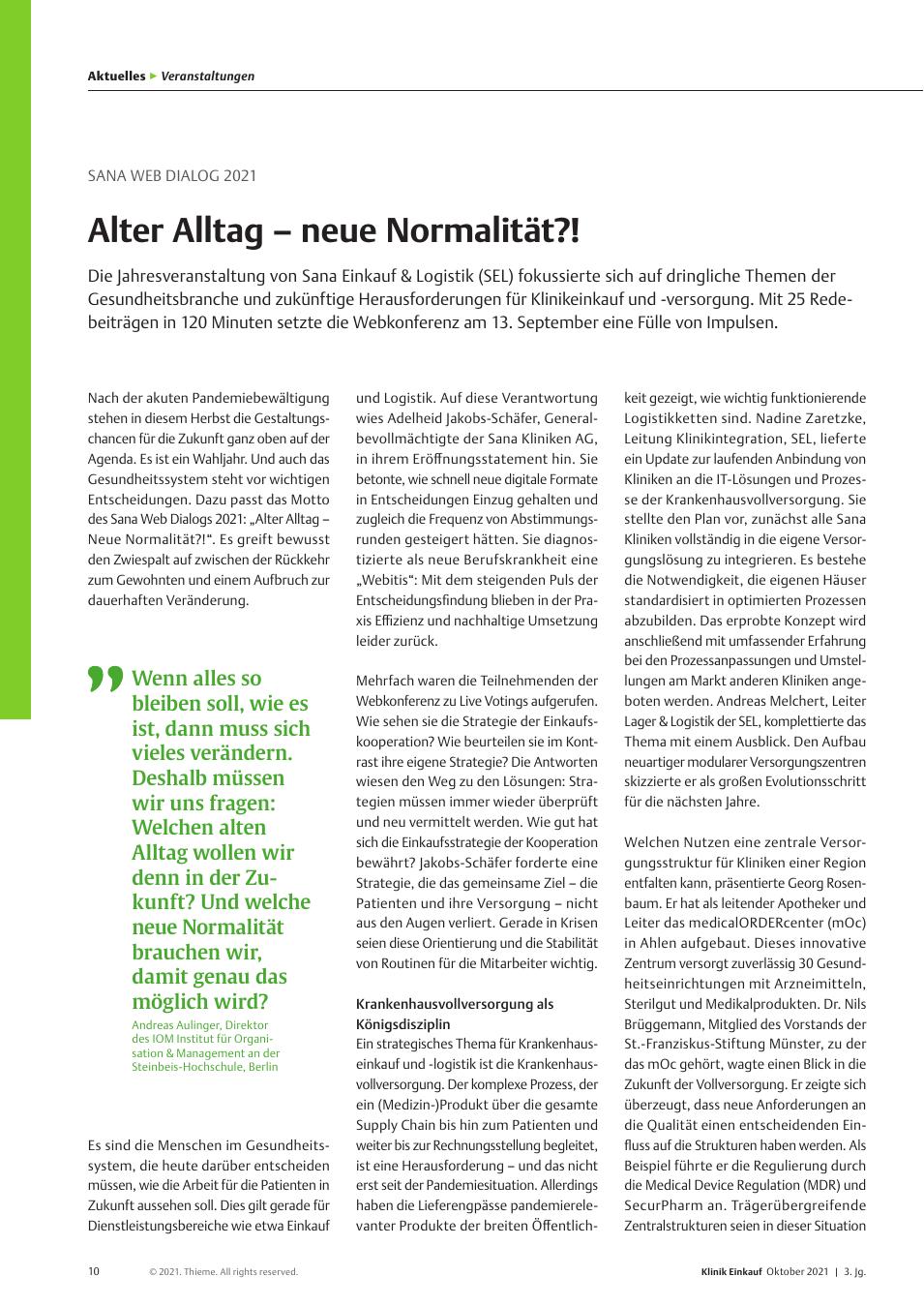 Vorschauseite 1: Sana Web Dialog 2021: Alter Alltag – neue Normalität?!