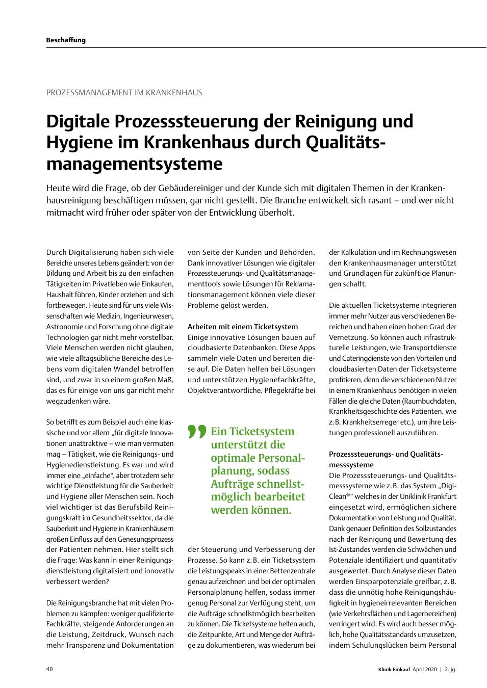 Vorschauseite 1: Prozessmanagement im Krankenhaus: Digitale Prozesssteuerung der Reinigung und Hygiene im Krankenhaus durch Qualitätsmanagementsysteme