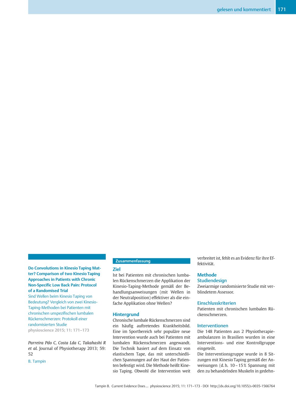 Vorschauseite 1: Do Convolutions in Kinesio Taping Matter? Comparison of two Kinesio Taping Approaches in Patients with Chronic Non-Specific Low Back Pain: Protocol of a Randomised Trial