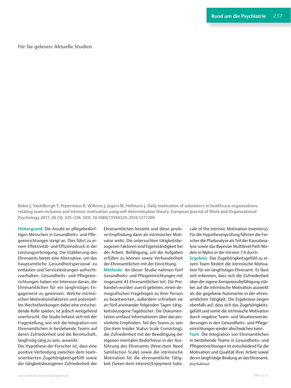 Vorschauseite 1: Für Sie gelesen: Bidee J, Vantilborgh T, Pepermans R, Willems J, Jegers M, Hofmans J. Daily motivation of volunteers in healthcare organizations: relating team inclusion and intri…