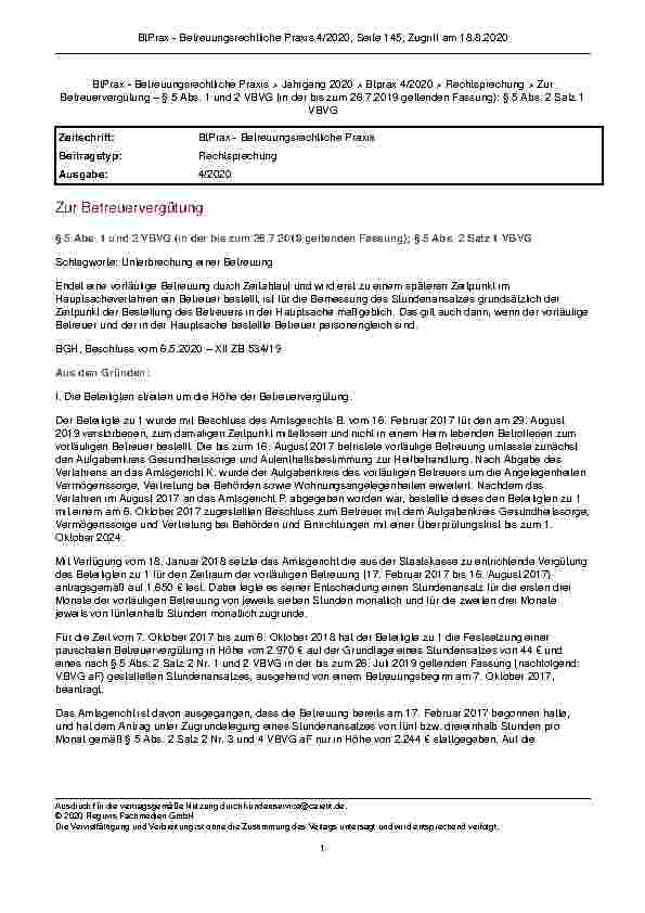 Vorschauseite 1: Zur Betreuervergütung § 5 Abs. 1 und 2 VBVG (in der bis zum 26.7.2019 geltenden Fassung); § 5 Abs. 2 Satz 1 VBVG