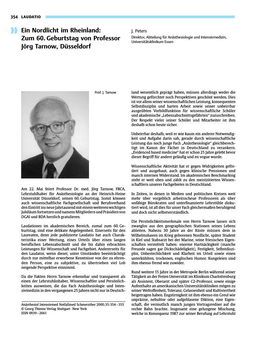 Vorschauseite 1: Ein Nordlicht im Rheinland: Zum 60. Geburtstag von Professor Jörg Tarnow, Düsseldorf