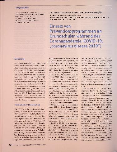 Vorschauseite 1: Einsatz von Präventionsprogrammen an Grundschulen während der Coronapandemie (COVID-19, „Coronavirus disease 2019")