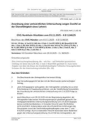 Vorschauseite 1: Anordnung einer amtsärztlichen Untersuchung wegen Zweifel an der Dienstfähigkeit eines Lehrer