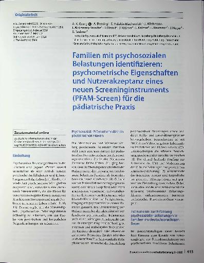 Vorschauseite 1: Familien mit psychosozialen Belastungen identifizieren: psychometrische Eigenschaften und Nutzerakzeptanz eines neuen Screeninginstruments (PFAM-Screen) für die pädiatrische Praxis