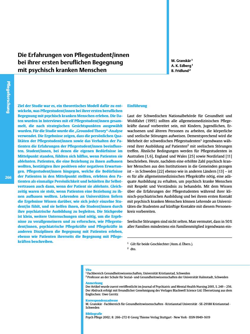 Vorschauseite 1: Die Erfahrungen von Pflegestudent/innen bei ihrer ersten beruflichen Begegnung mit psychisch kranken Menschen