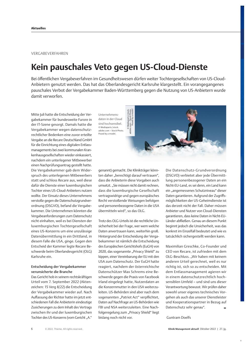 Vorschauseite 1: Vergabeverfahren: Kein pauschales Veto gegen US-Cloud-Dienste
