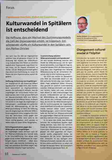 Vorschauseite 1: Organspende-Entscheid: Einfluss der Angehörigen. Kulturwandel in Spitälern ist entscheidend.